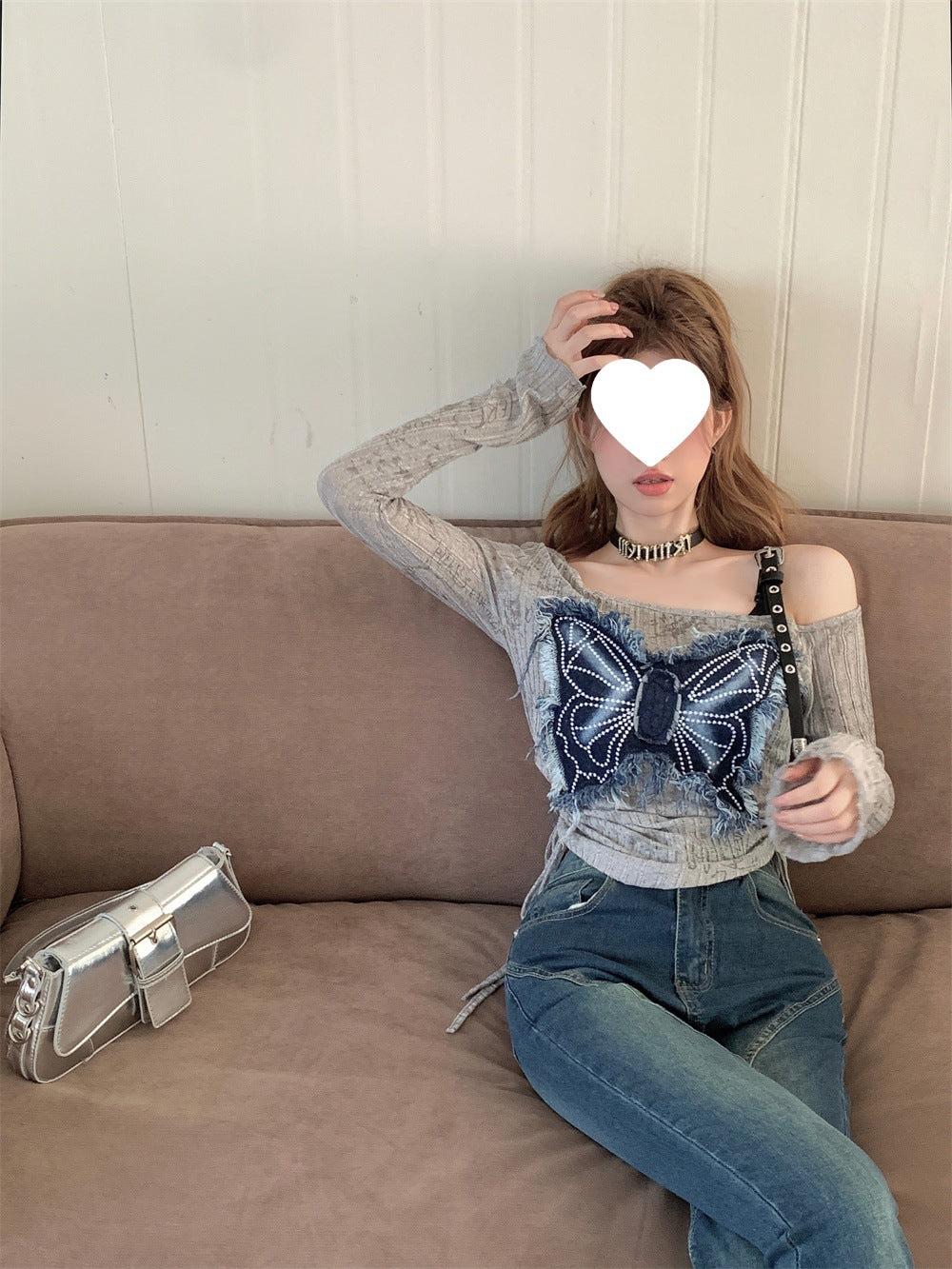 Design Sense Niche Stitching Denim Bow Short Spice Girls Summer Slimming Shoulder Drawstring Long-sleeved T-shirt Top