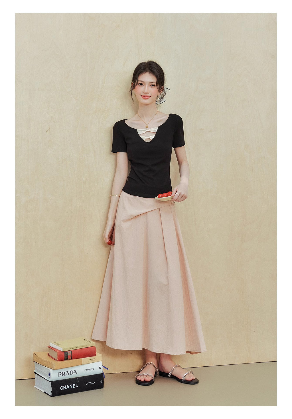 [Rayon 270g] "Ballet Girl" Black Short-Sleeved T-Shirt Women's Summer Design Waist Top