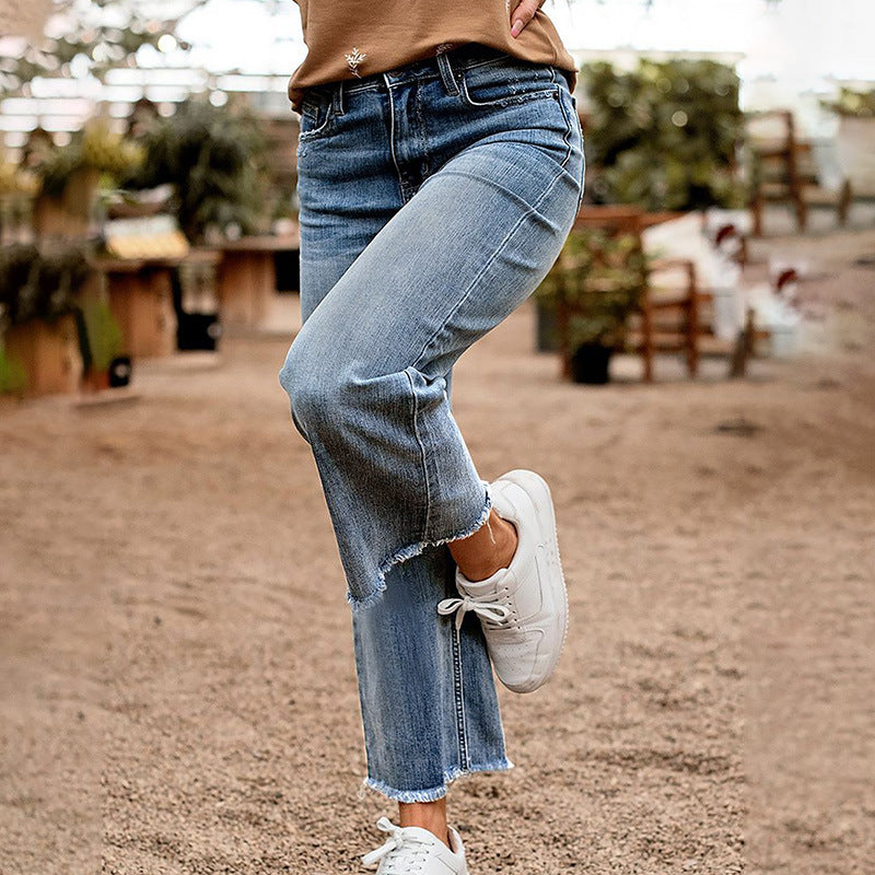 Cross-Border Raw Edge Jeans for Fat Girls mm High Waist Loose Slimming Look Tassel Baguette Pants Nine-Point Straight Cigarette Pants