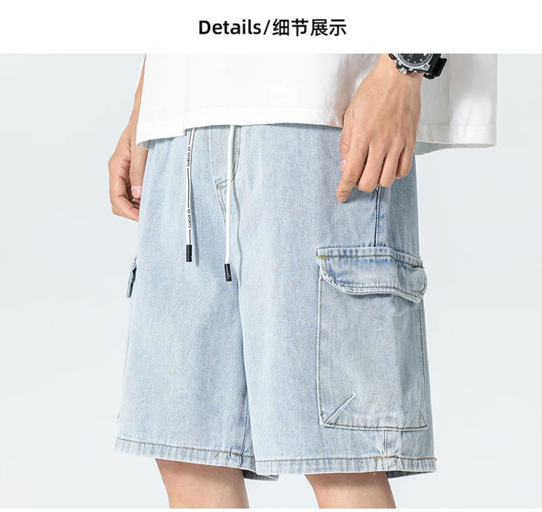 American Workwear Trendy Brand Denim Shorts for Boys Summer Thin Loose Straight 2025 New Men's Casual Pants