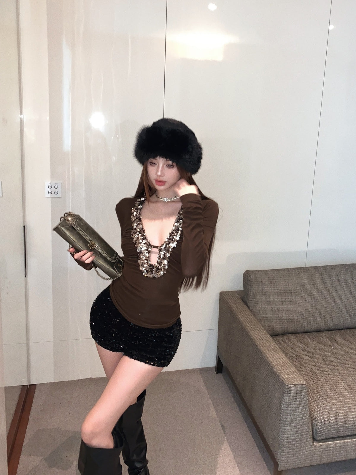 Heavy Industry Sequins brown Sexy V-Neck Long-Sleeved T-Shirt Women's Autumn Design Sense Base Shirt Slim-Fit Inner Spice Girl Top