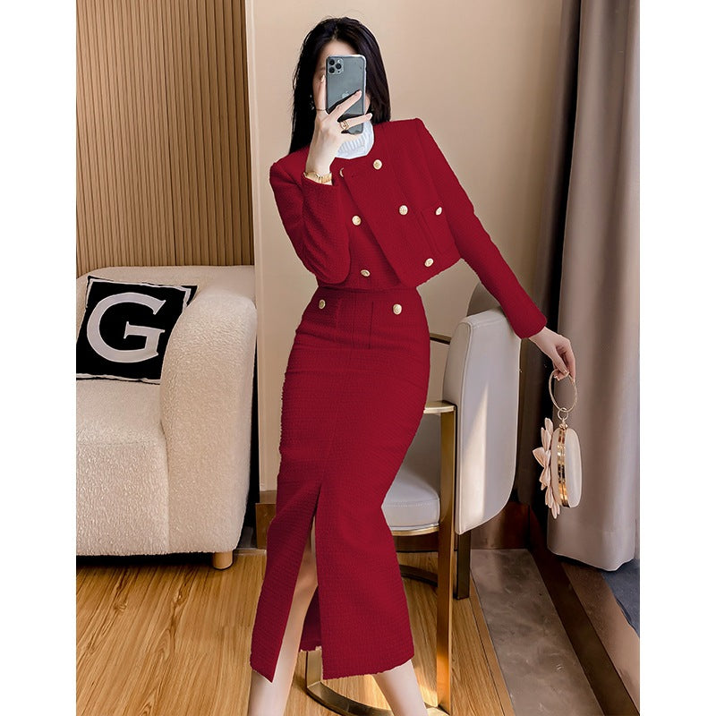 High-grade red suit 2023 autumn and winter New Chanel style slim fit woolen coat two-piece set back-to-door clothes fashion