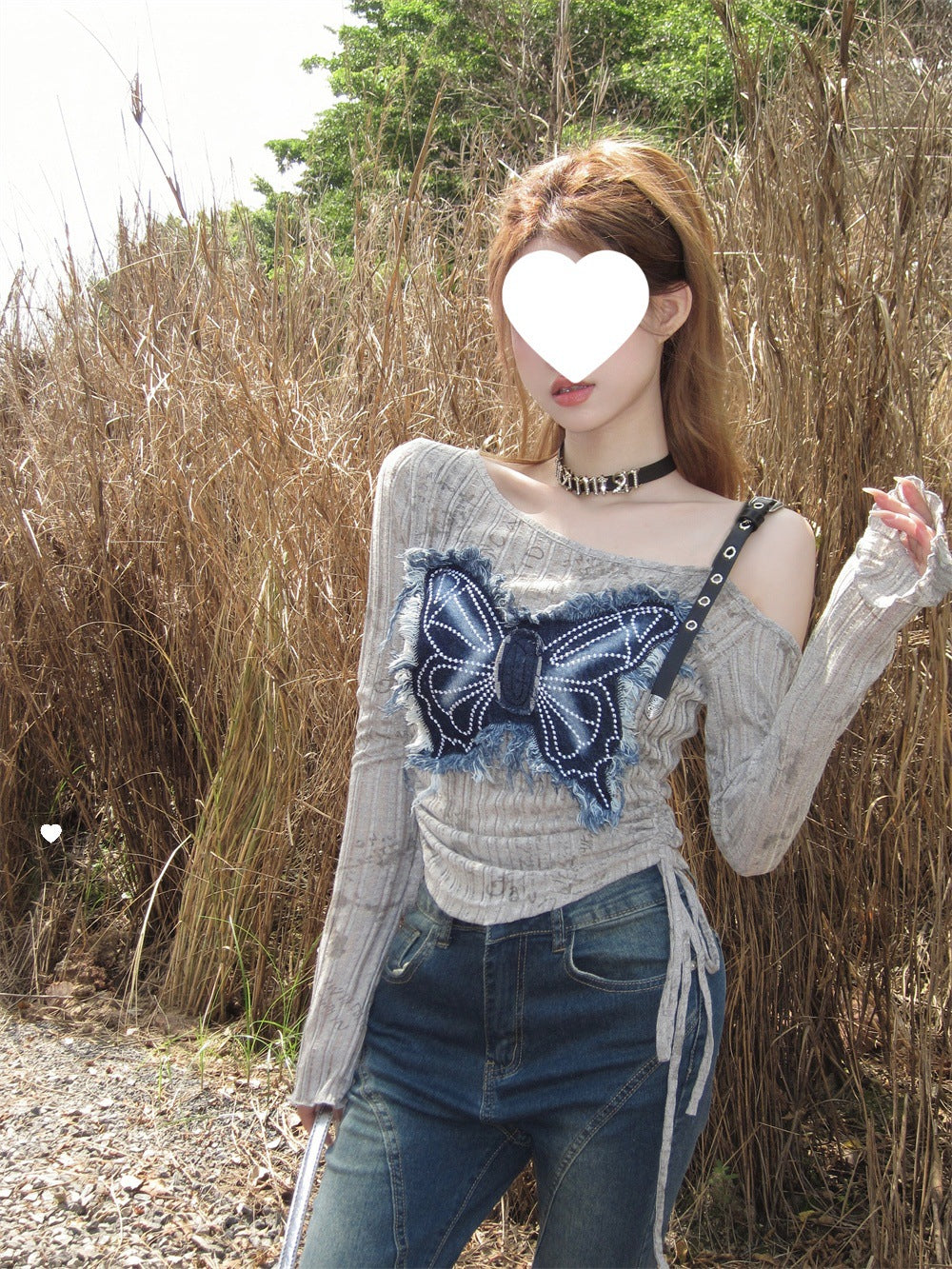 Design Sense Niche Stitching Denim Bow Short Spice Girls Summer Slimming Shoulder Drawstring Long-sleeved T-shirt Top