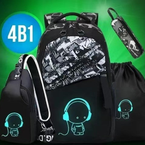 Cross-Border Lightweight Waterproof Casual Printed School Bag Junior High School Student Backpack Luminous Safety Burden-Reducing Computer Backpack