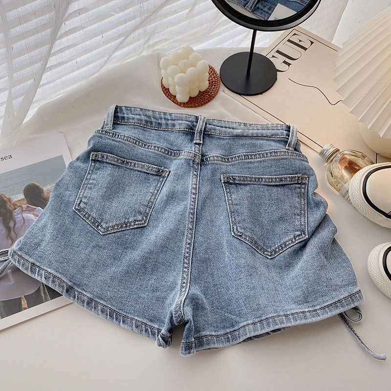 Strap Drawstring Denim Shorts Women's Summer Thin Niche Design High Waist Slimming Spice Girls Stretch Super Short Hot Pants
