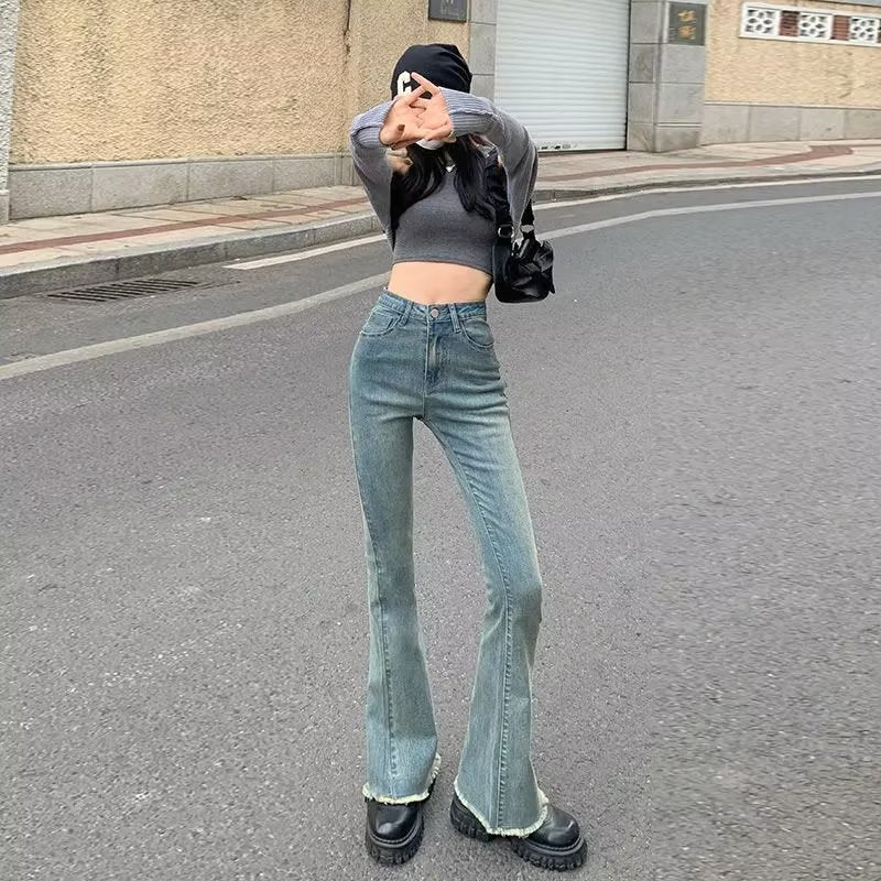 Vintage Blue Micro High-waisted Jeans Women's Autumn Fur-trimmed Slim-fit Slimming Spice Girls Loose Horseshoe Flared Pants