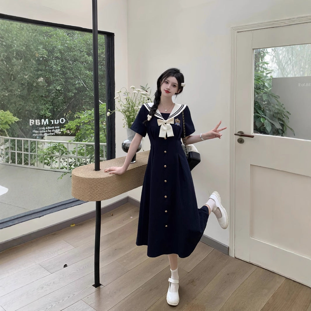 Plus-Size Women's Clothing 2026 Summer New Style Navy Collar Dress with Embroidery, Age-Reducing and Slimming A-Line Long Dress for Curvy Women