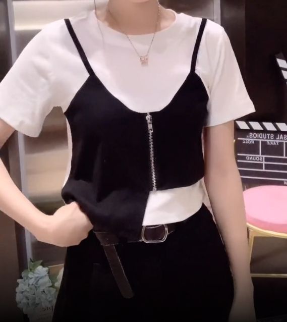 Irregular Fake Two-piece Stitching Short-sleeved T-shirt Women's Design Sense Small Girl's Zipper Top Summer Fashion