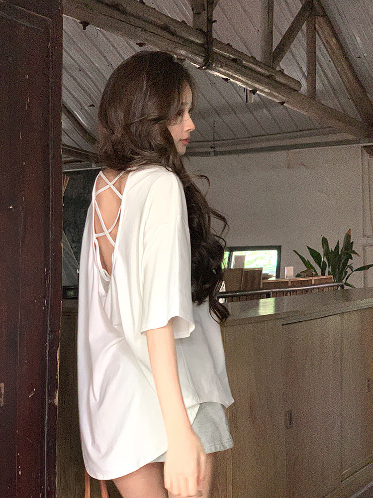 Cross Backless Short-sleeved T-shirt Women's Summer New Arrival Laid-back Loose Casual Design Hot Girls Chic Trendy Top