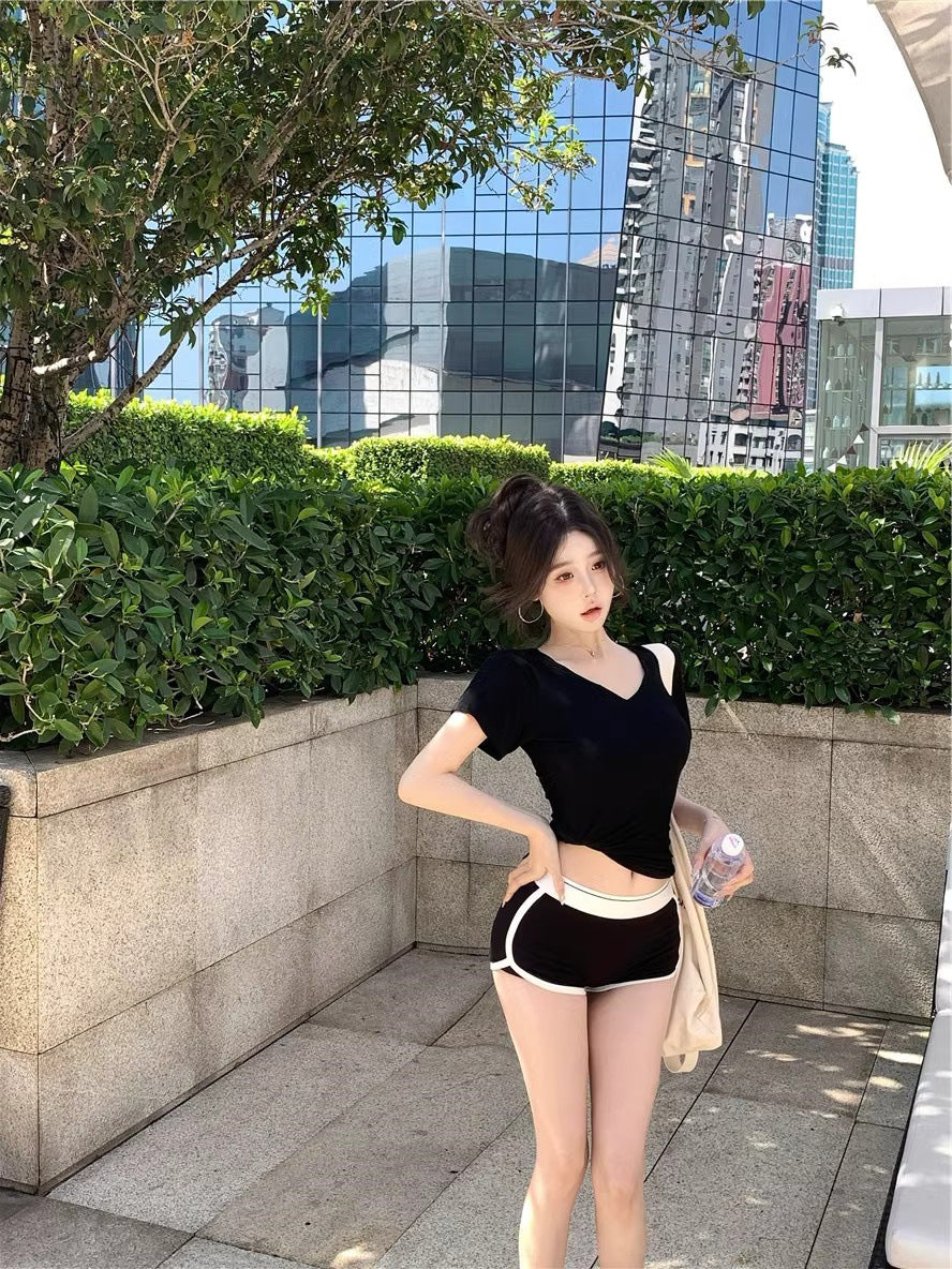 White V-Neck Short-Sleeved Shoulder T-Shirt Women's Summer Basic Slim-Fit Inner Spice Girls Simple Slimming Base Shirt Top