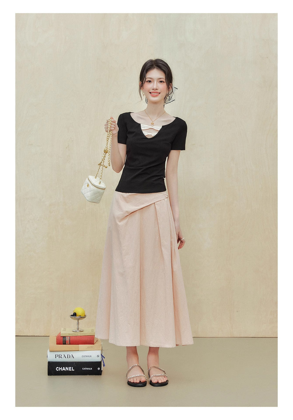 [Rayon 270g] "Ballet Girl" Black Short-Sleeved T-Shirt Women's Summer Design Waist Top