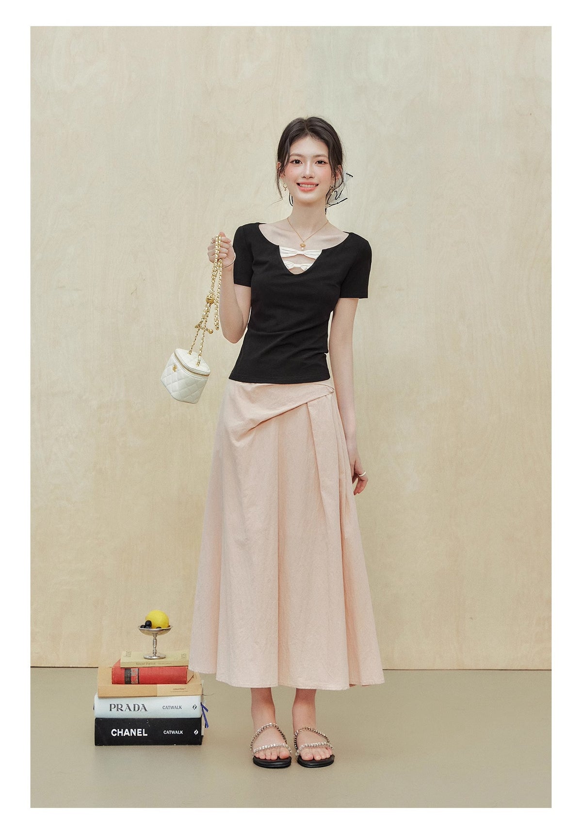 [Rayon 270g] "Ballet Girl" Black Short-Sleeved T-Shirt Women's Summer Design Waist Top