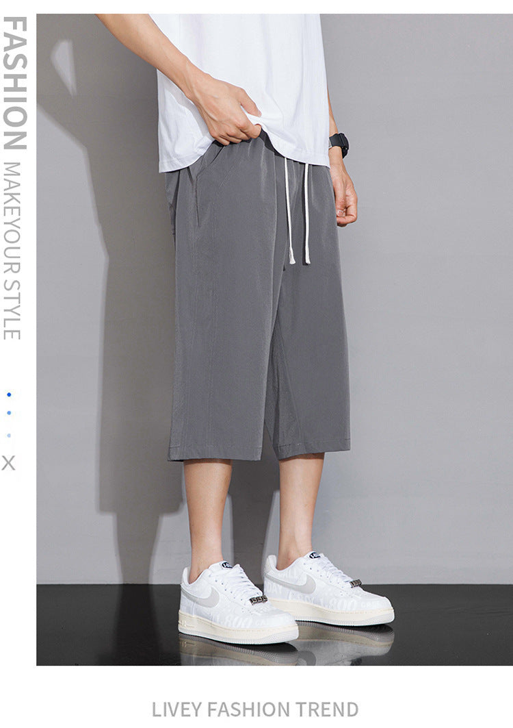 Ice Silk Cropped Pants Men's Summer Thin Loose Breathable Outer Wear Beach Pants Sports Casual Shorts for Boys