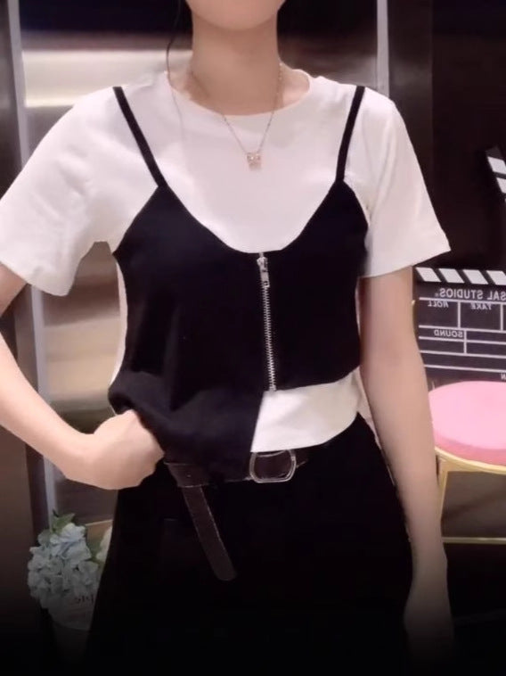Irregular Fake Two-piece Stitching Short-sleeved T-shirt Women's Design Sense Small Girl's Zipper Top Summer Fashion