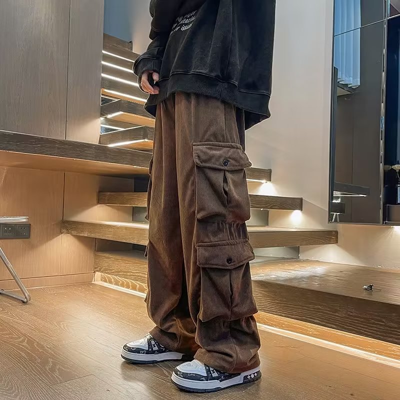 Corduroy Multi-Pocket Crane Pants Men's Spring and Autumn American Straight Pants Loose Casual Wide-Leg Pants for Boys