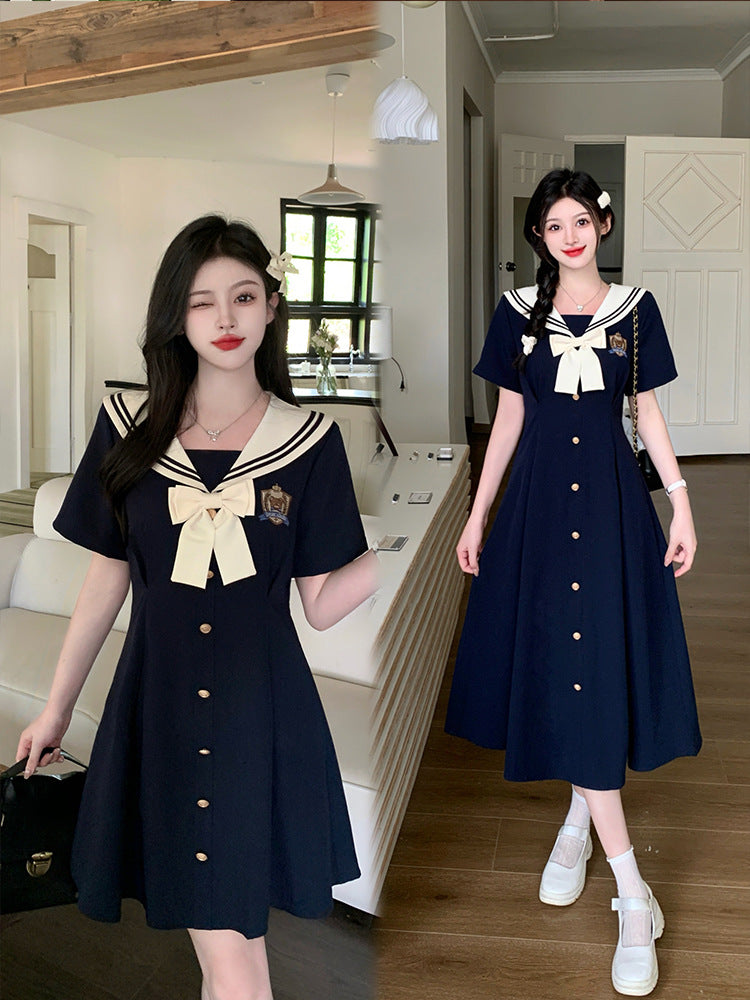 Plus-Size Women's Clothing 2026 Summer New Style Navy Collar Dress with Embroidery, Age-Reducing and Slimming A-Line Long Dress for Curvy Women