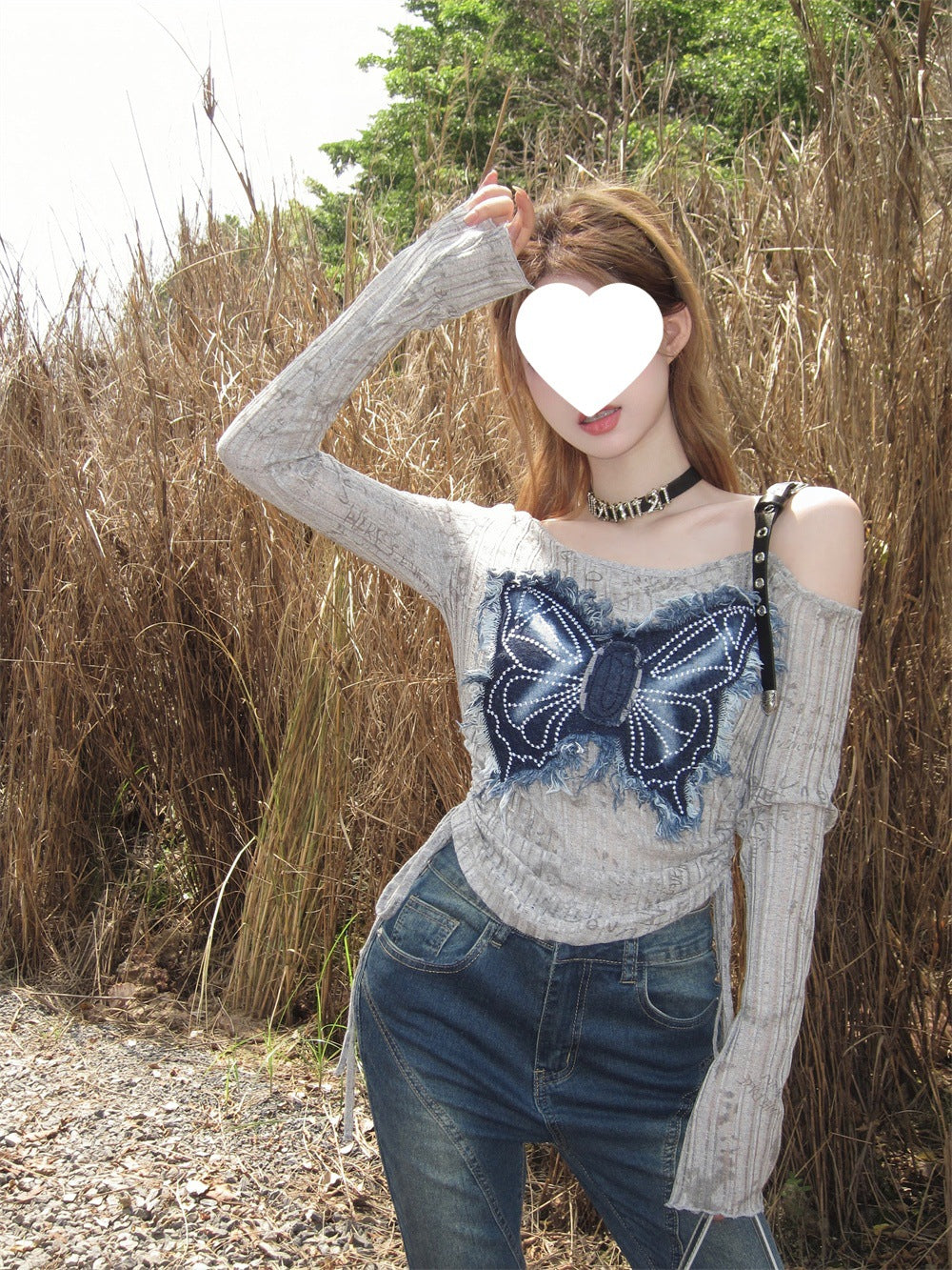 Design Sense Niche Stitching Denim Bow Short Spice Girls Summer Slimming Shoulder Drawstring Long-sleeved T-shirt Top