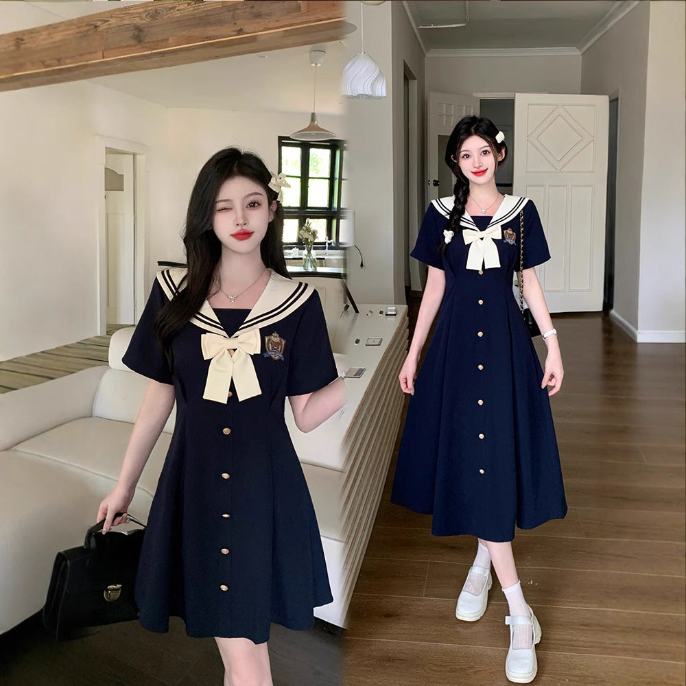 Plus-Size Women's Clothing 2026 Summer New Style Navy Collar Dress with Embroidery, Age-Reducing and Slimming A-Line Long Dress for Curvy Women