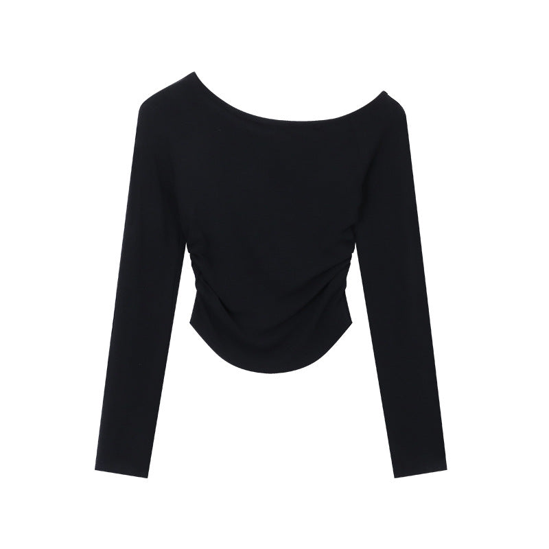 Jin Jing Guan Tu [in stock Original Practice] Clavicle Plan Spice Girls Solid Color Slant Shoulder Slim Long Sleeve T-shirt