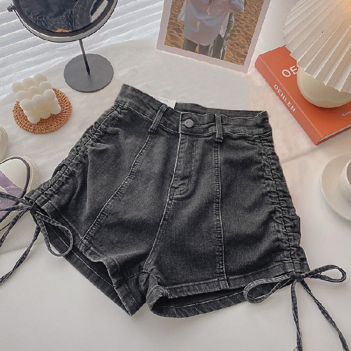 Strap Drawstring Denim Shorts Women's Summer Thin Niche Design High Waist Slimming Spice Girls Stretch Super Short Hot Pants