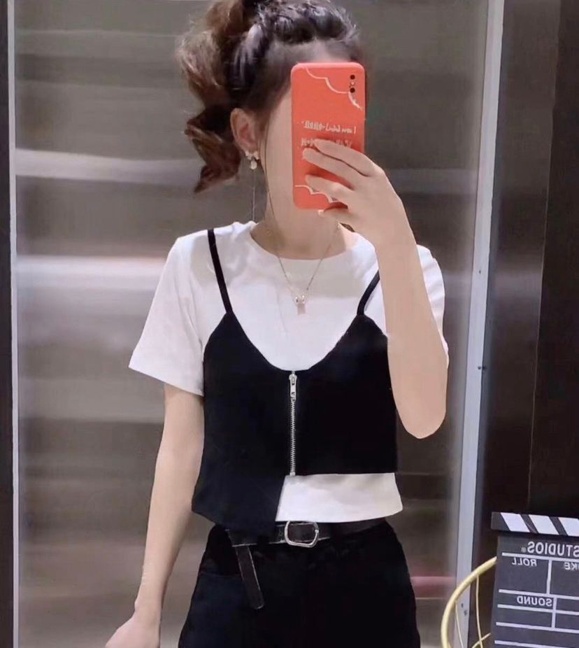 Irregular Fake Two-piece Stitching Short-sleeved T-shirt Women's Design Sense Small Girl's Zipper Top Summer Fashion