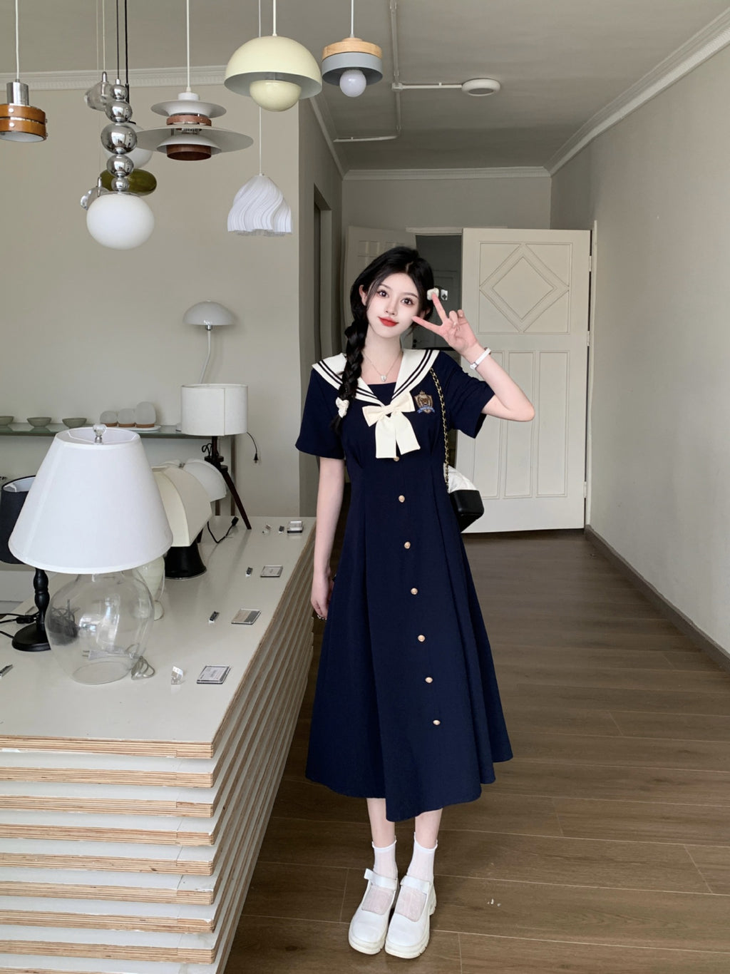 Plus-Size Women's Clothing 2026 Summer New Style Navy Collar Dress with Embroidery, Age-Reducing and Slimming A-Line Long Dress for Curvy Women