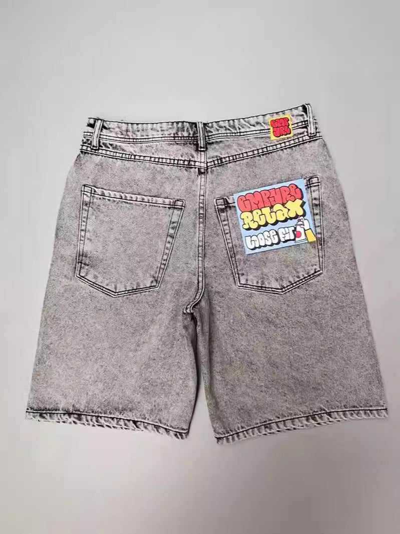 Cross-border E-commerce Skateboard Denim Shorts Washed Denim Shorts Men's Summer Loose Retro Trendy Brand Casual Shorts
