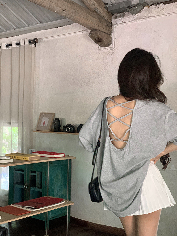 Cross Backless Short-sleeved T-shirt Women's Summer New Arrival Laid-back Loose Casual Design Hot Girls Chic Trendy Top