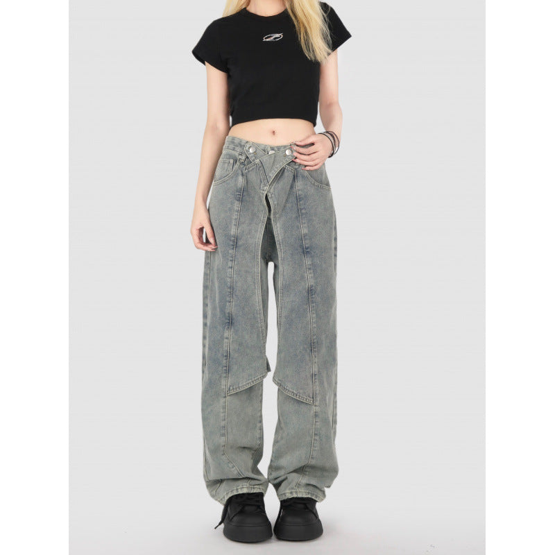 Real Shot! Cool Girl Jeans Women's New Design Splicing Slim Straight Pants