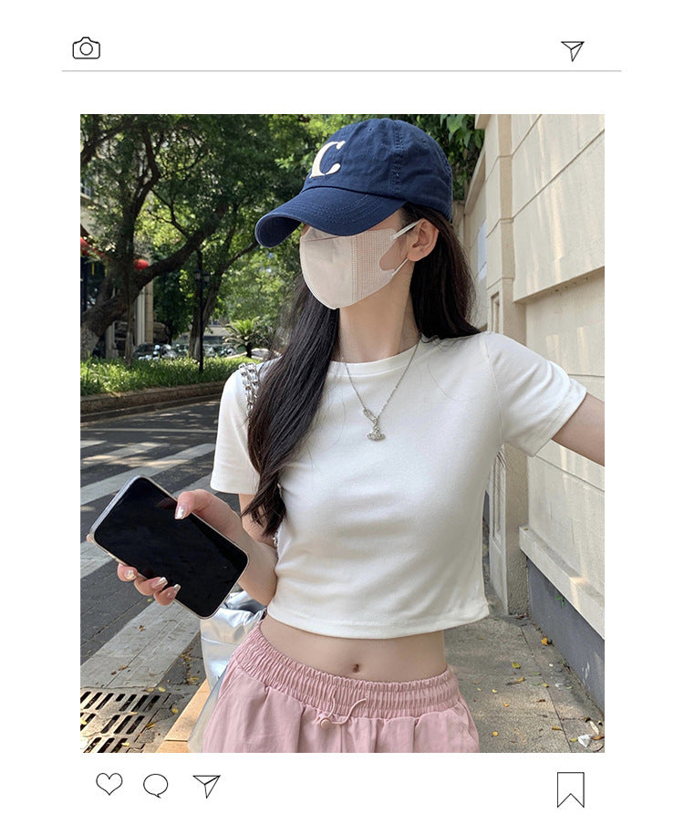 White Cotton T-Shirt Women's Short-sleeved Inner Summer Wear Spice Girl Short Slim-fit Slimming Shoulder T-shirt Top