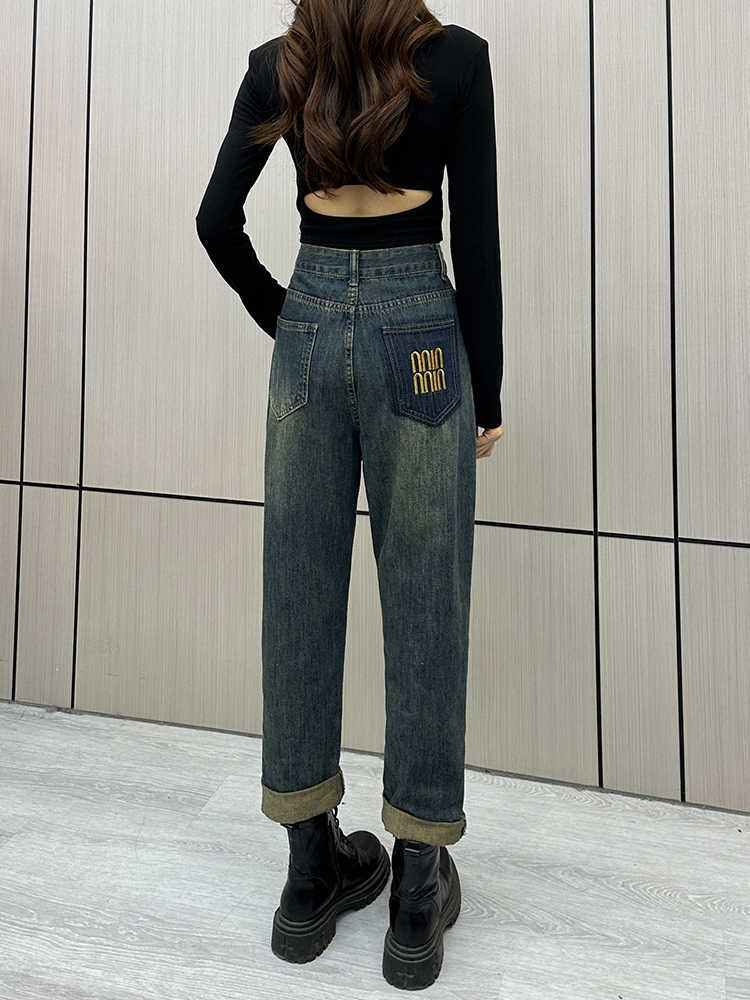 Vintage Cement Grey Narrow Jeans Small chubby girl High Waist Straight Pants All-match Radish Pants Hip Covering Harem Pants
