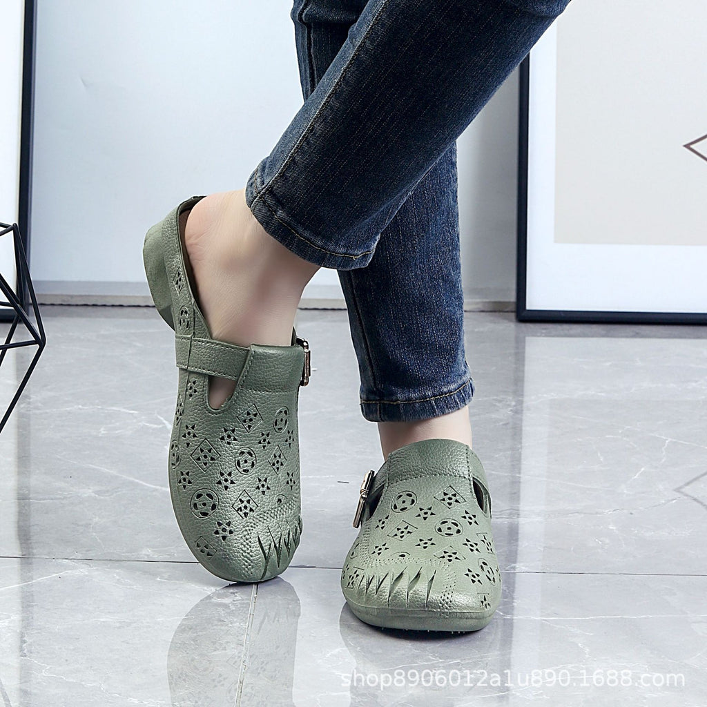 New Half-Pack Slip-On Sandals for Women, Middle-Aged and Elderly, Lazy Soft-Soled Hollow Sandals, Non-Slip and Waterproof Indoor Sandals