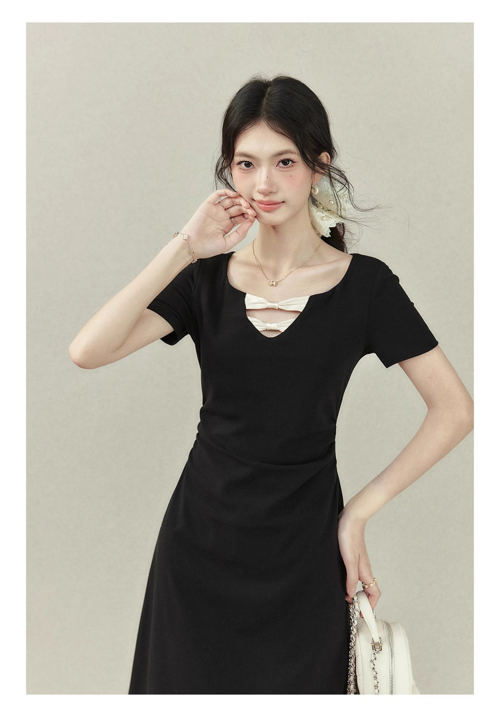 [Rayon 270g] "Ballet Girl" Black Short-Sleeved T-Shirt Women's Summer Design Waist Top