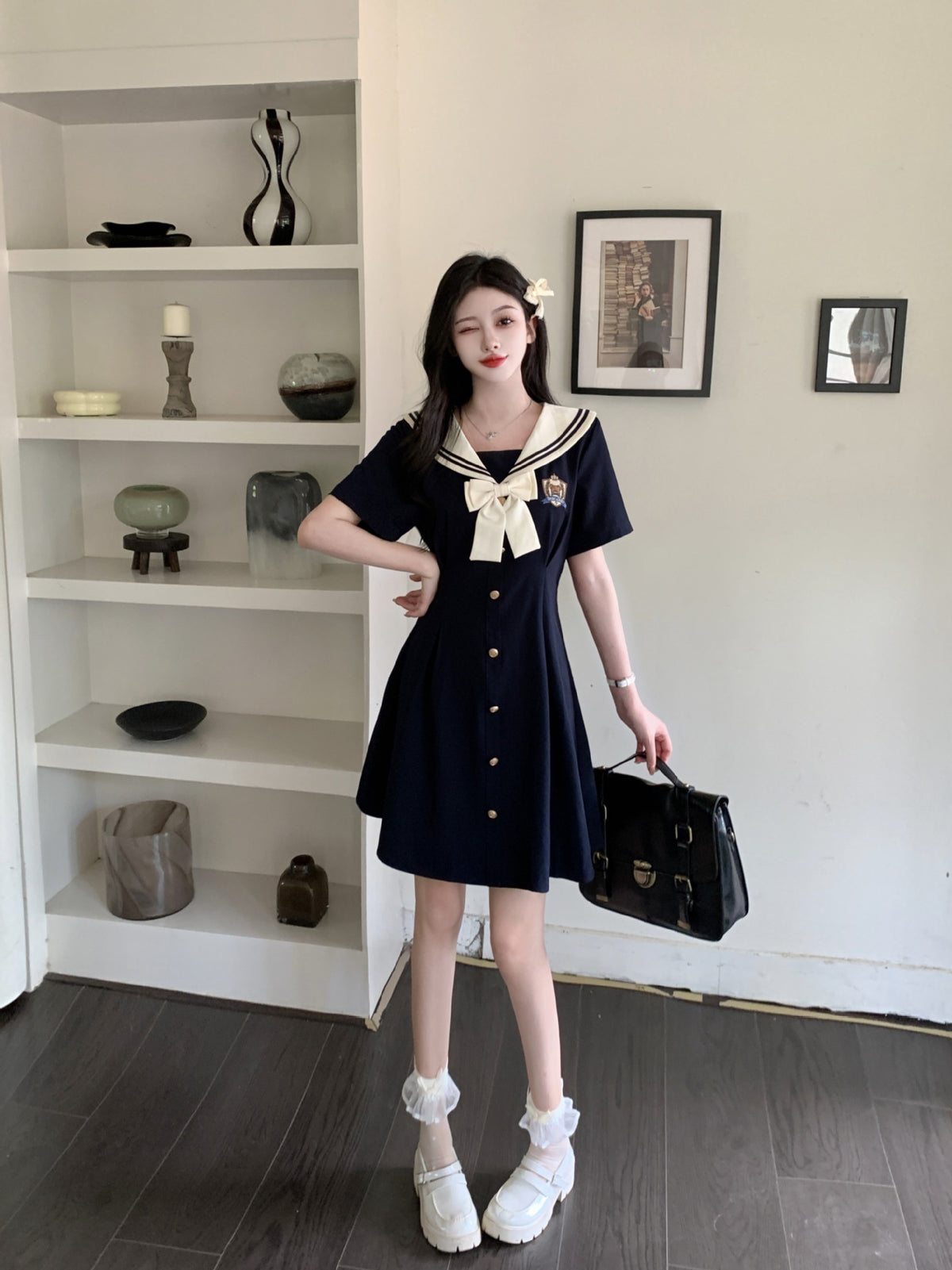 Plus-Size Women's Clothing 2026 Summer New Style Navy Collar Dress with Embroidery, Age-Reducing and Slimming A-Line Long Dress for Curvy Women