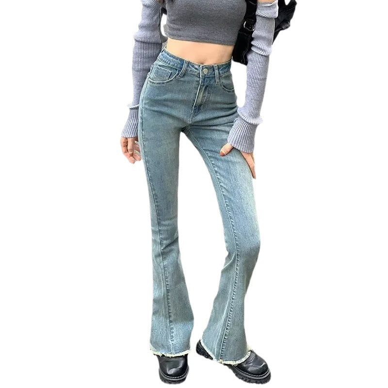 Vintage Blue Micro High-waisted Jeans Women's Autumn Fur-trimmed Slim-fit Slimming Spice Girls Loose Horseshoe Flared Pants