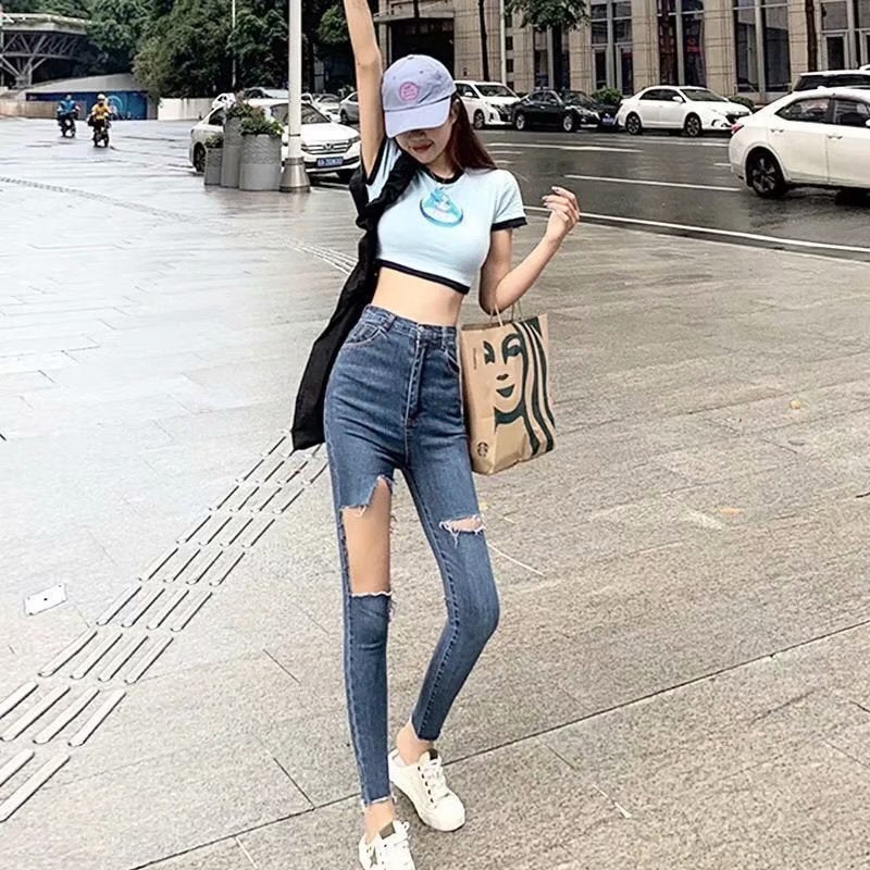 Summer thin ripped jeans women's 2024 new hot girl Stretch Slim fit skinny high waist tight cropped pants