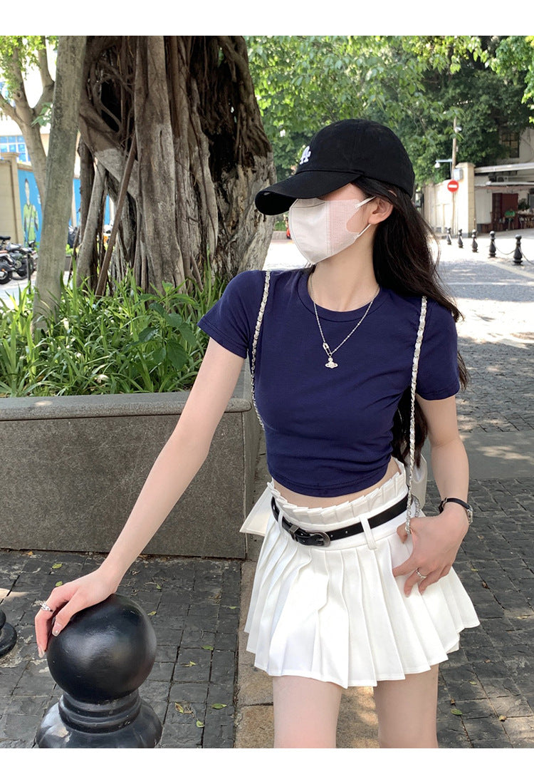 White Cotton T-Shirt Women's Short-sleeved Inner Summer Wear Spice Girl Short Slim-fit Slimming Shoulder T-shirt Top