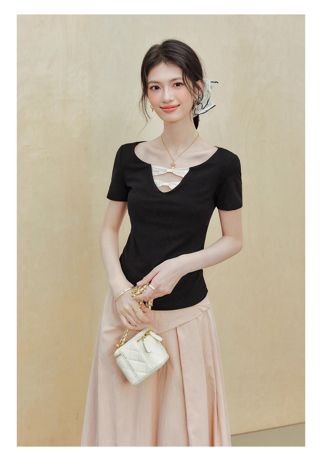 [Rayon 270g] "Ballet Girl" Black Short-Sleeved T-Shirt Women's Summer Design Waist Top