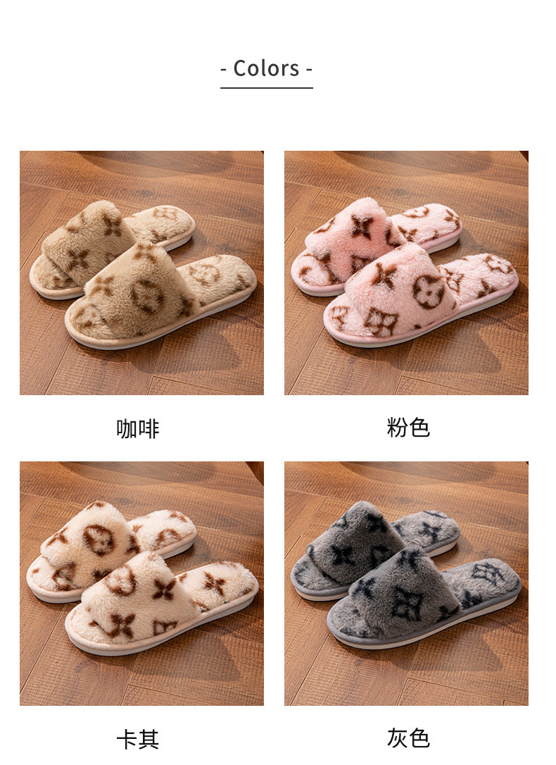 Mao Mao Open-mouth Cross-border Foreign Trade Open-toe Women's Slippers Autumn and Winter Four Seasons Open-mouth Slippers Imitation Rabbit Fur