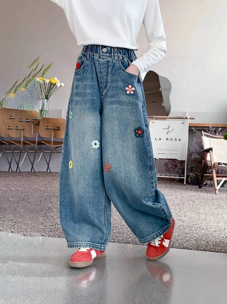 Teenagers Spring Girls Jeans Flower Children Trousers Autumn Girls Denim Wide Leg Pants Birthday Gifts 5-16 Years Kids Clothes