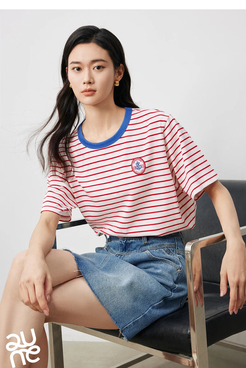 TOYOUTH Women T Shirts 2026 Summer New Striped Short Sleeve Age Reducing College Style Crew Neck Tops