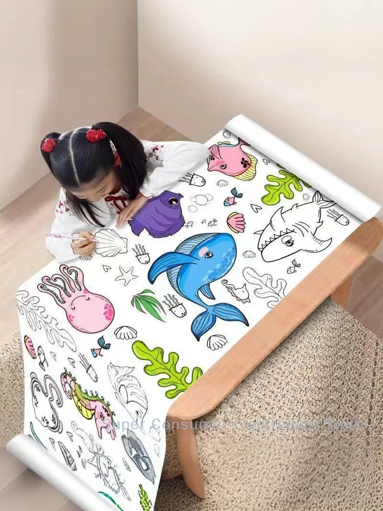 Ocean Dinosaur Princess Children's Drawing Scroll Paper - Coloring Scroll for Kids, Hand-drawn Painting and Color Filling