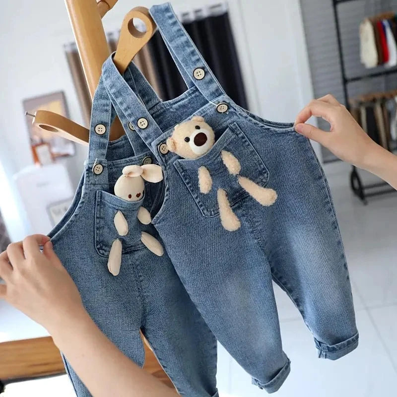Baby Girls Jeans Pants Spring and Autumn Children's Denim Pants Boys and Girls Casual Denim Strap Pants 0-6 Years