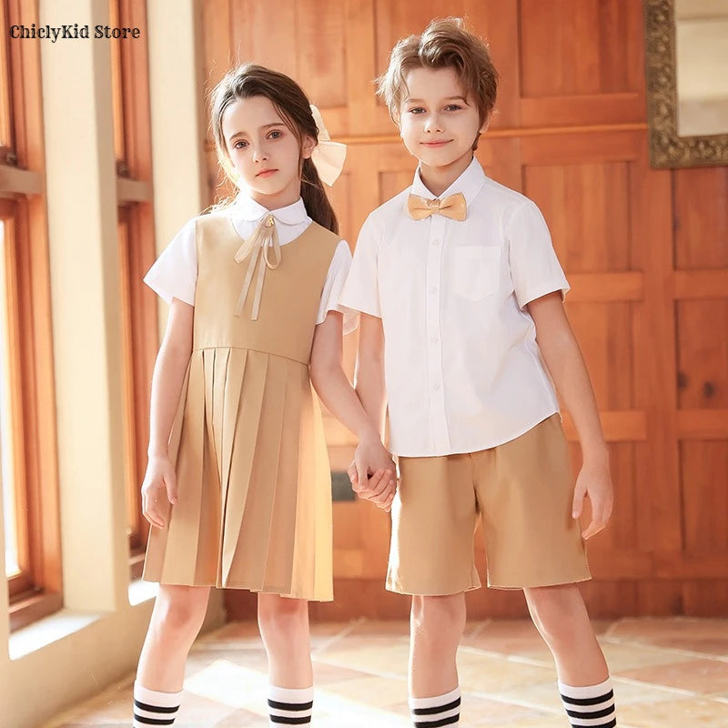 Boys British School Uniforms Shirt Shorts Girls Preppy Dress Kids Japan Korean Clothes Sets Children Students Summer Outfits