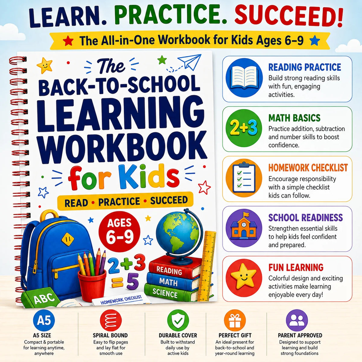 Back to School Learning Workbook for Kids Ages 6-9: Reading, Math & Science Practice Book for Elementary Grades 1-3