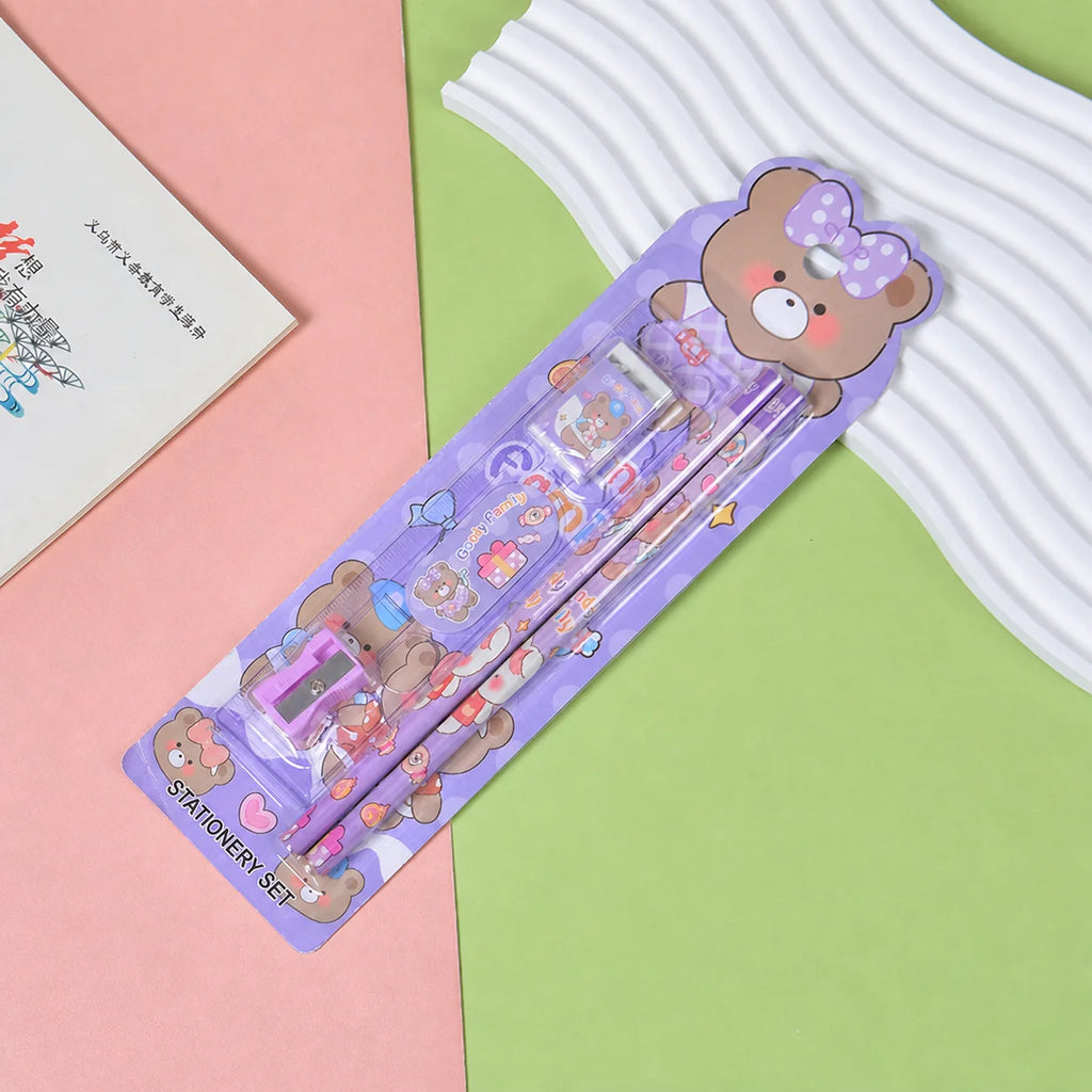 Kids Cartoon 5-Piece Stationery Set Complete Pencil Ruler Eraser Combo Cute Back To School Gift School Office Suppliers