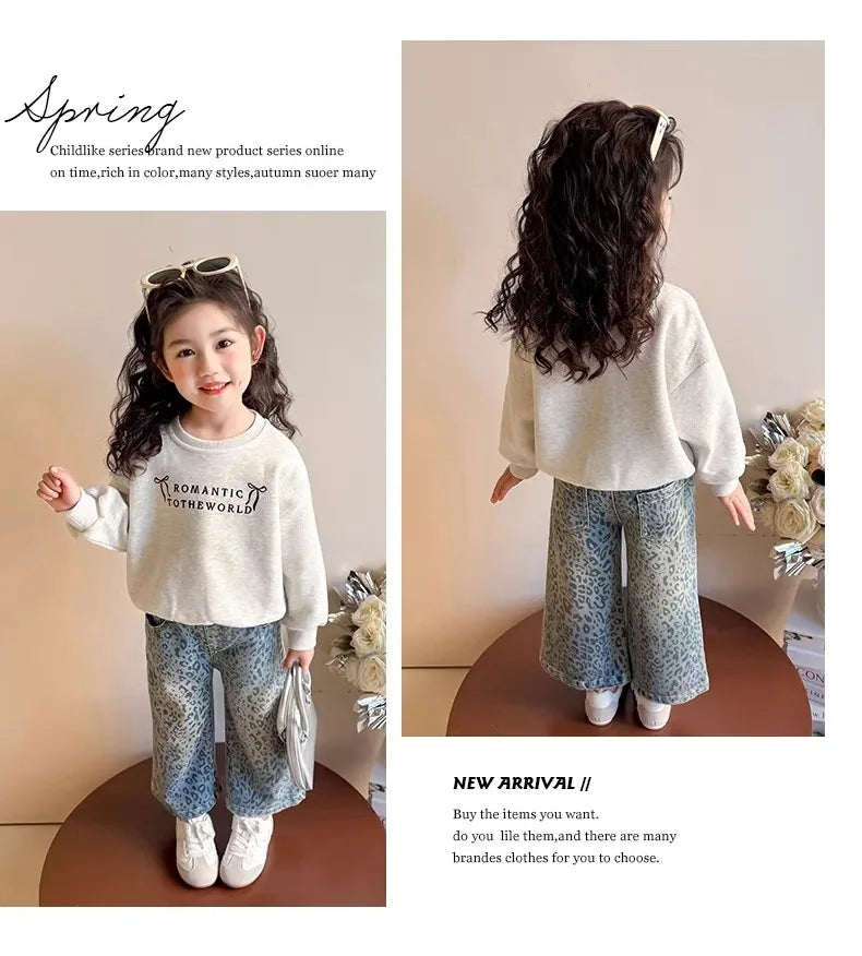 Girls Pants Spring Clothing New Children's Fashionable Jeans Leopard Pattern Wide Legs for Baby Girls