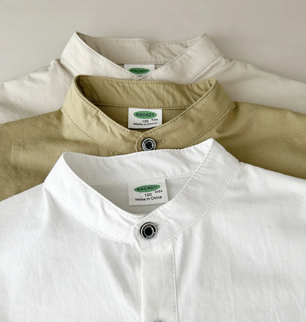 Teen Boys Shirt Coats Spring Autumn New Solid Color Single Breasted Stand Collar Long Sleeve Top For 3-10Y Kids Cotton Shirt