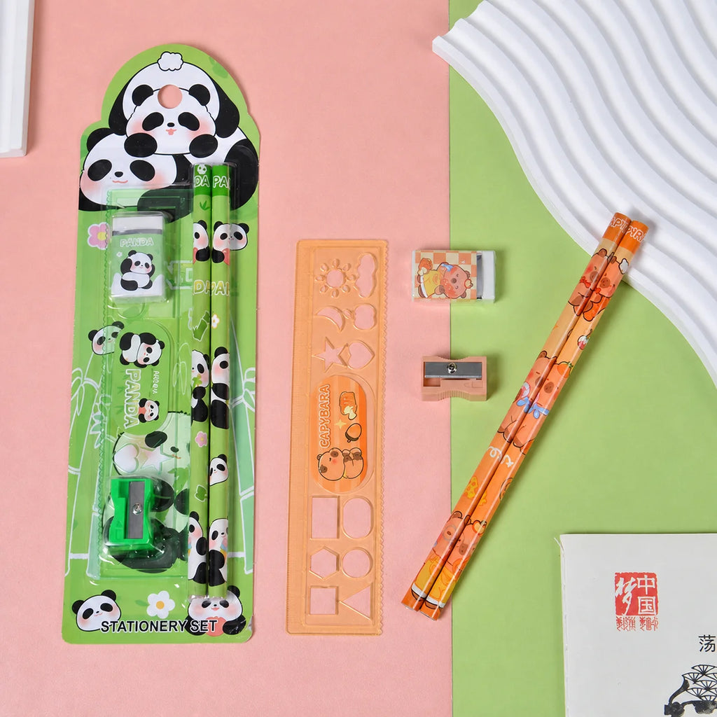 Kids Cartoon 5-Piece Stationery Set Complete Pencil Ruler Eraser Combo Cute Back To School Gift School Office Suppliers