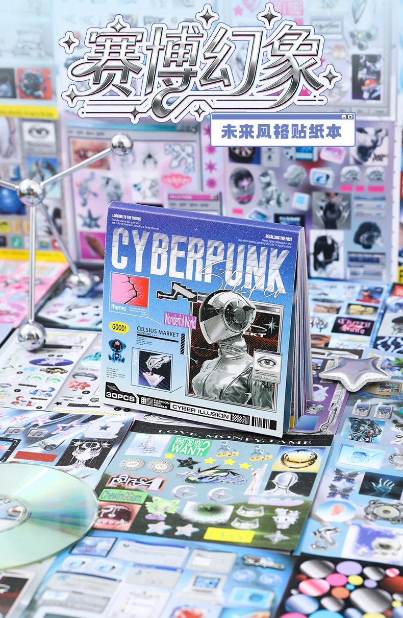JIAMEI 30sheets Retro and Future Series Kawaii Ins Die Cutting Font Stickers Book DIY Diary Clipbook Aesthetics Stickers